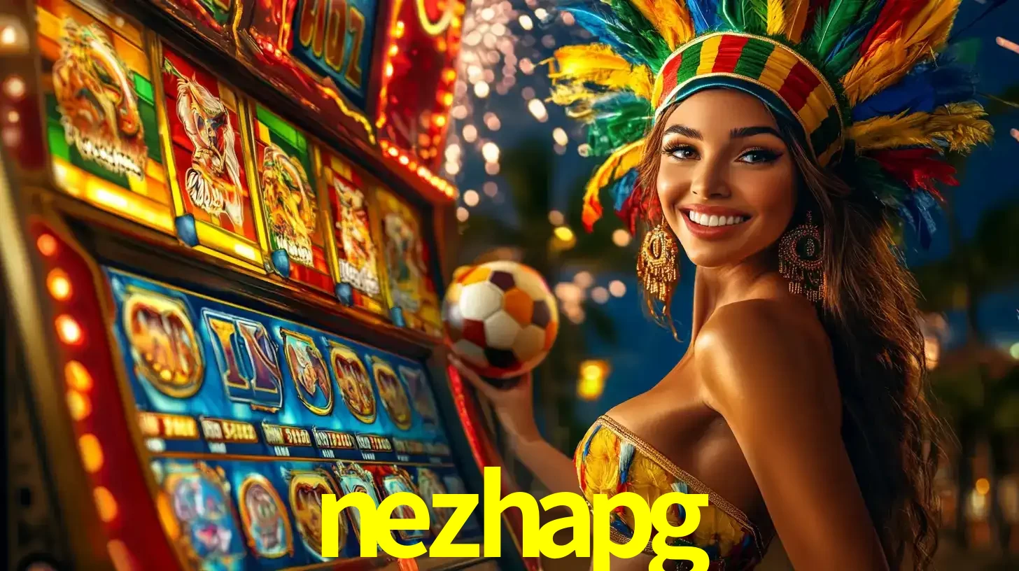 Mulher com um cocar de carnaval ao lado de uma máquina de caça-níqueis enquanto segura uma bola de futebol, mostrando a união da diversão de cassino e esportes no nezhapg.