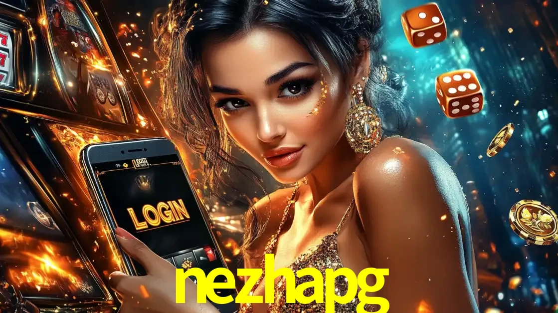 Mulher glamourosa segurando um celular com a tela de login do cassino nezhapg, rodeada por dados e moedas douradas, pronta para começar a diversão.