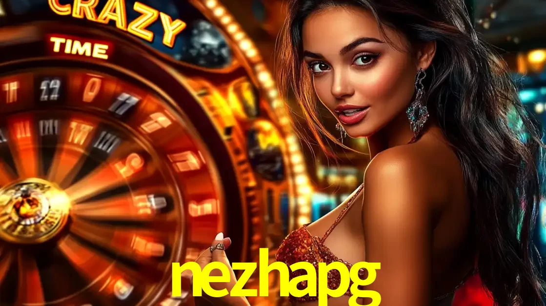 Mulher ao lado da roda de prêmios do jogo de cassino ao vivo Crazy Time, um dos shows de jogos mais emocionantes oferecidos pela plataforma de apostas nezhapg.
