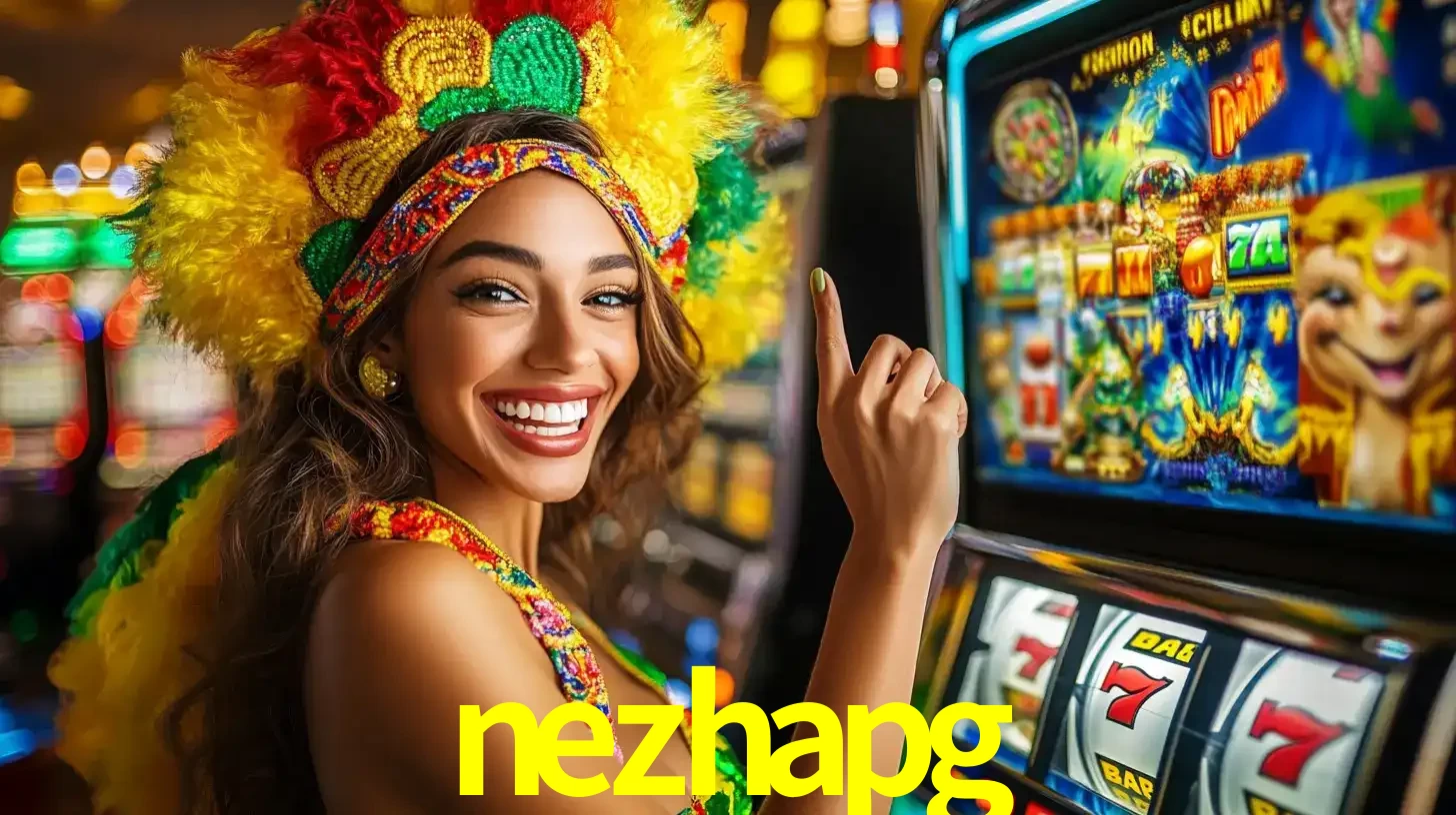 Mulher animada com um cocar de carnaval apontando para uma máquina de caça-níqueis, mostrando a emoção de ganhar um grande prêmio nos jogos do nezhapg.