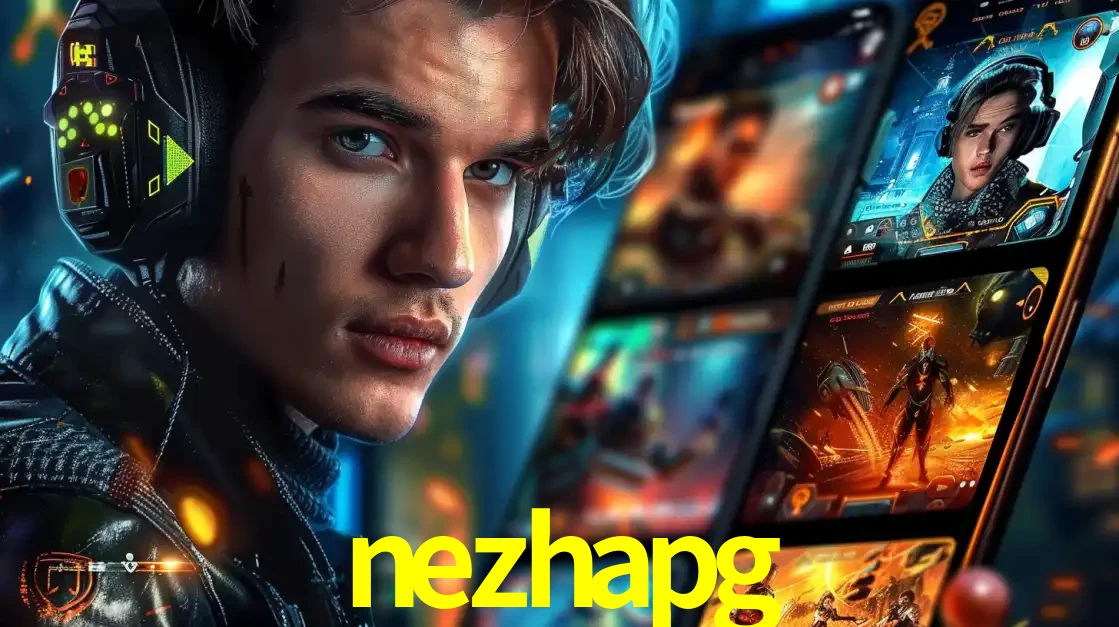 Jovem jogador com fones de ouvido olhando para a câmera, com um aplicativo de jogos e e-sports para celular ao fundo, pronto para a competição e apostas no nezhapg.