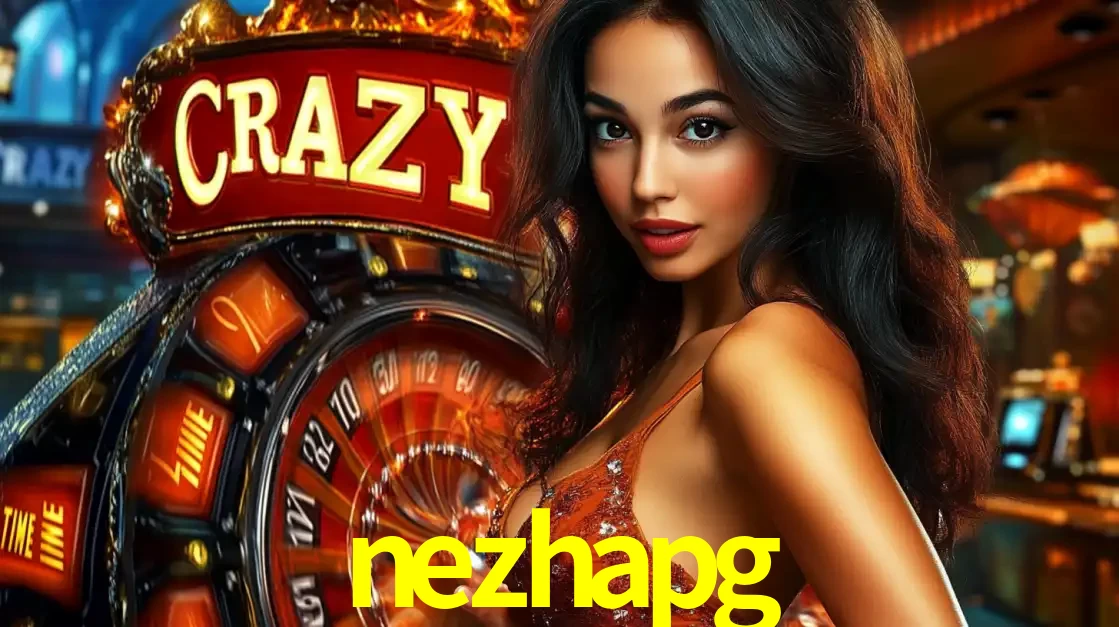 Mulher glamourosa olhando para a câmera com a roda vermelha do Crazy Time ao fundo em um ambiente de cassino, destacando a emoção dos jogos ao vivo no nezhapg.
