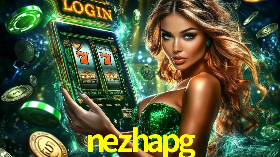 Mulher com tema verde apresentando o aplicativo do cassino nezhapg com um jogo de slot de 777, cercada por fichas de cassino e uma aura de sorte.