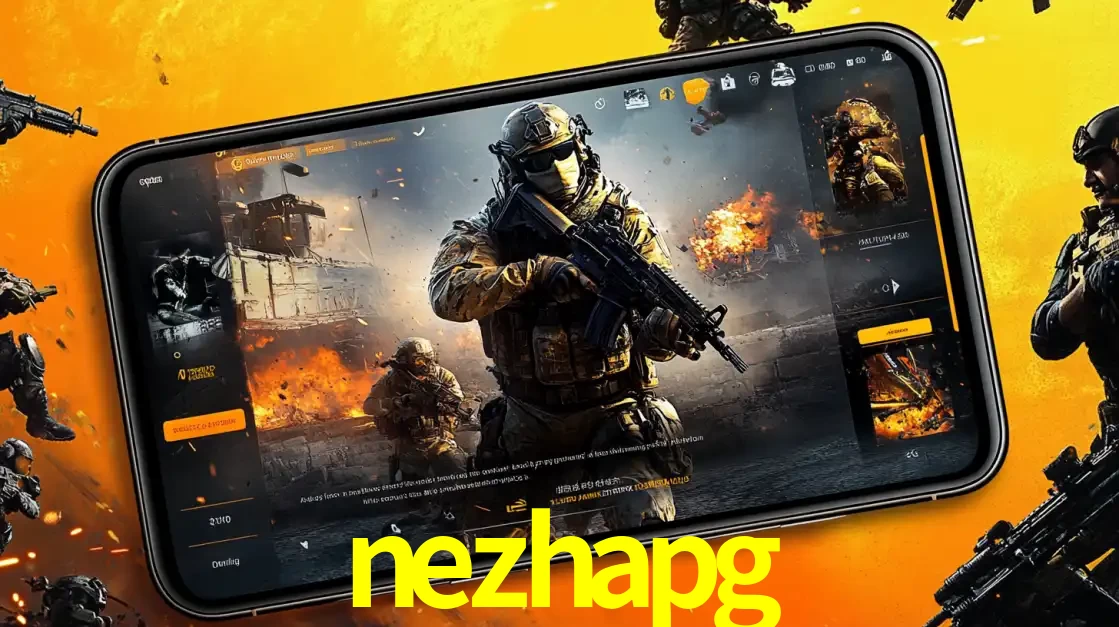 Um smartphone exibindo a interface de um jogo de tiro em primeira pessoa, com um soldado em um cenário de batalha, representando a ação dos e-sports para apostar no nezhapg.