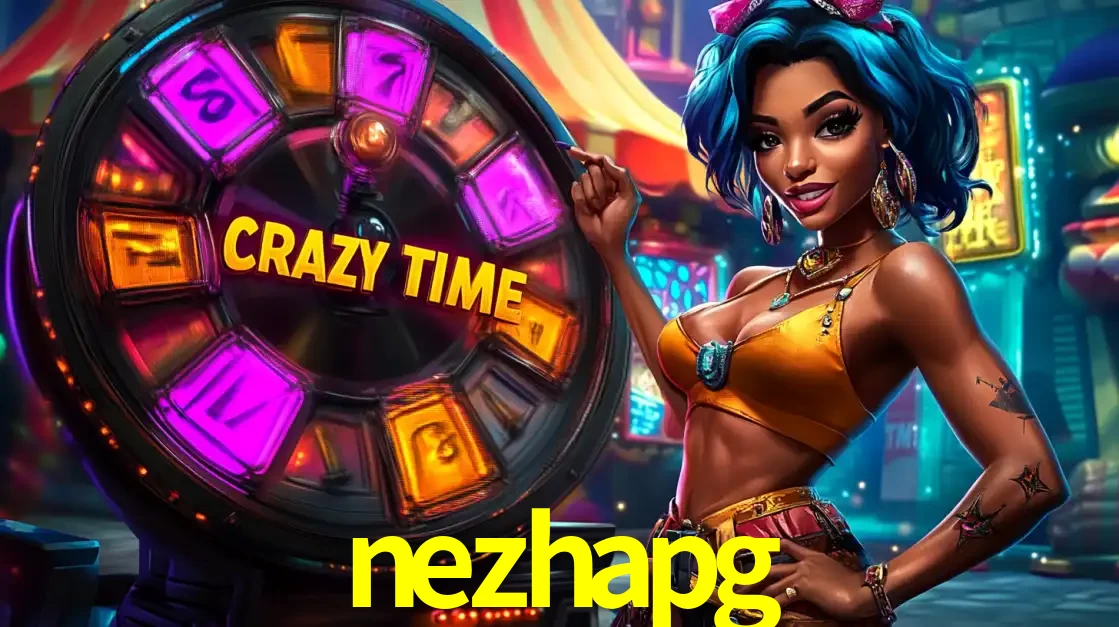 Mulher estilizada com cabelo azul e visual vibrante posando ao lado da roda de prêmios do game show Crazy Time, convidando para a diversão e os bônus do cassino nezhapg.