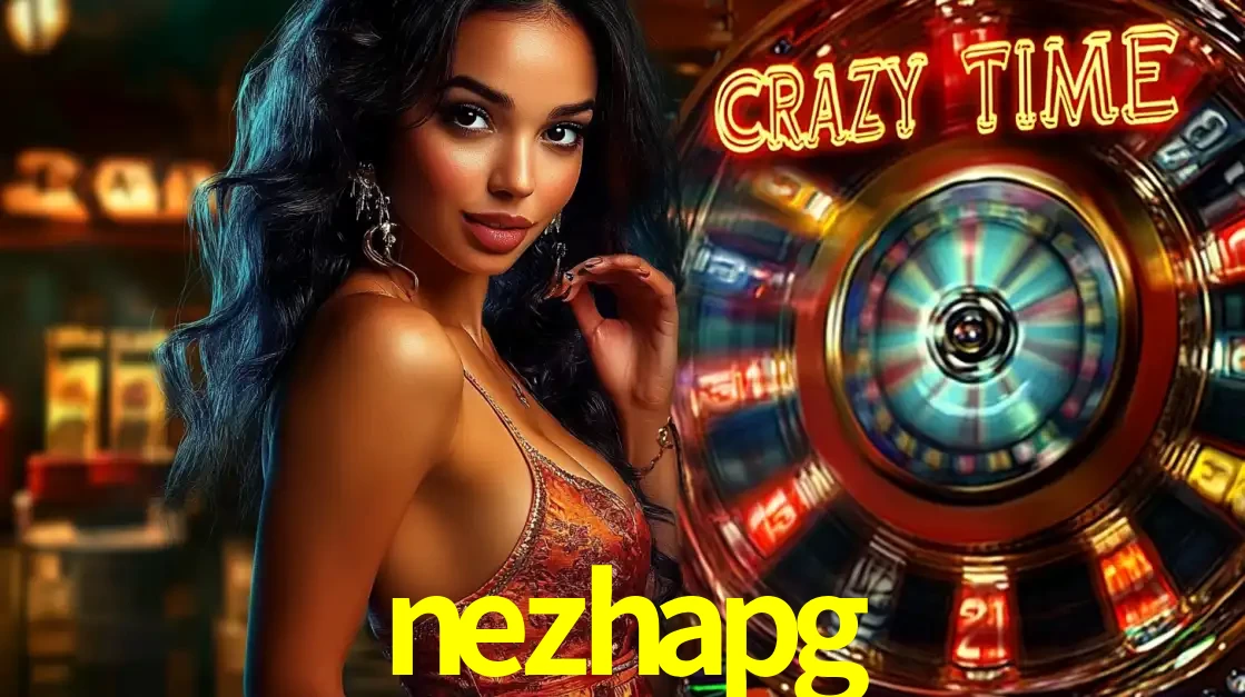 Mulher elegante ao lado da vibrante roda da fortuna do jogo de cassino ao vivo Crazy Time, um dos game shows mais populares e cheios de prêmios do nezhapg.