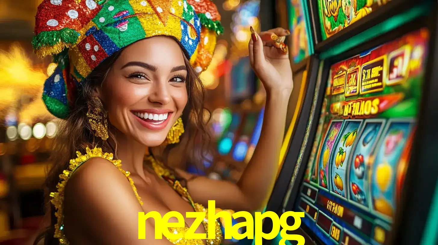 Mulher feliz com traje de carnaval amarelo e colorido ao lado de uma máquina de caça-níqueis, aproveitando a diversão e os jogos temáticos do cassino nezhapg.