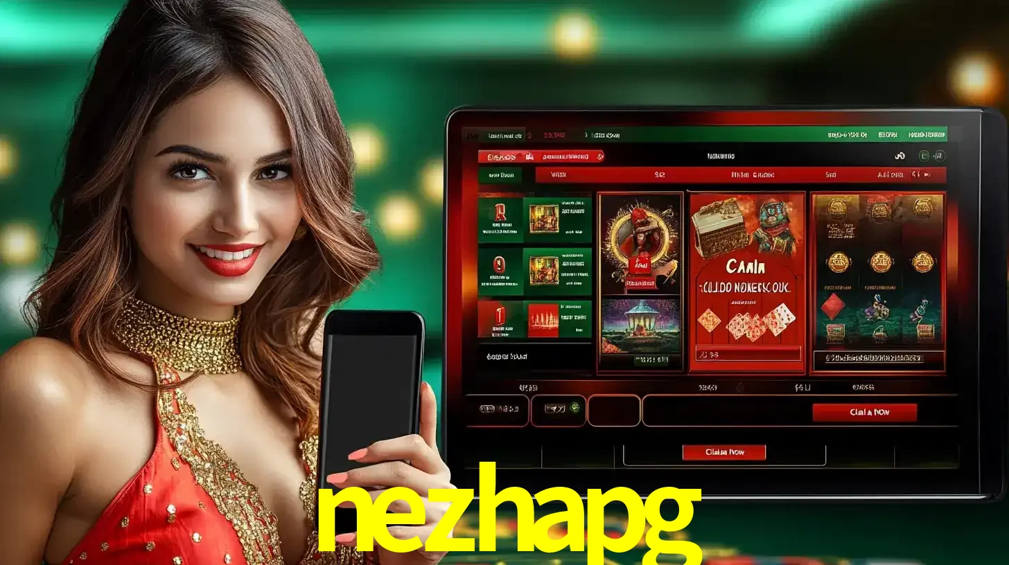 Mulher sorridente segurando um smartphone, ao lado de uma tela exibindo o lobby de jogos do cassino online nezhapg, com várias opções de jogos de cartas e slots.